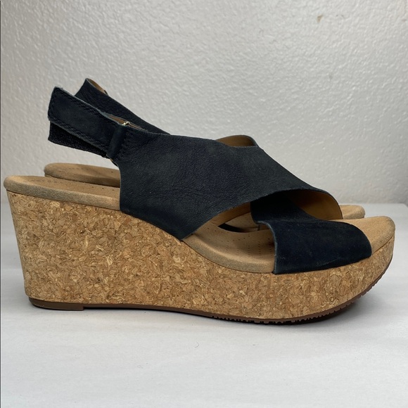 Clarks Black Annadel Eirwyn Cork Platform Wedge Slingback Sandals Size 9 - Picture 2 of 8